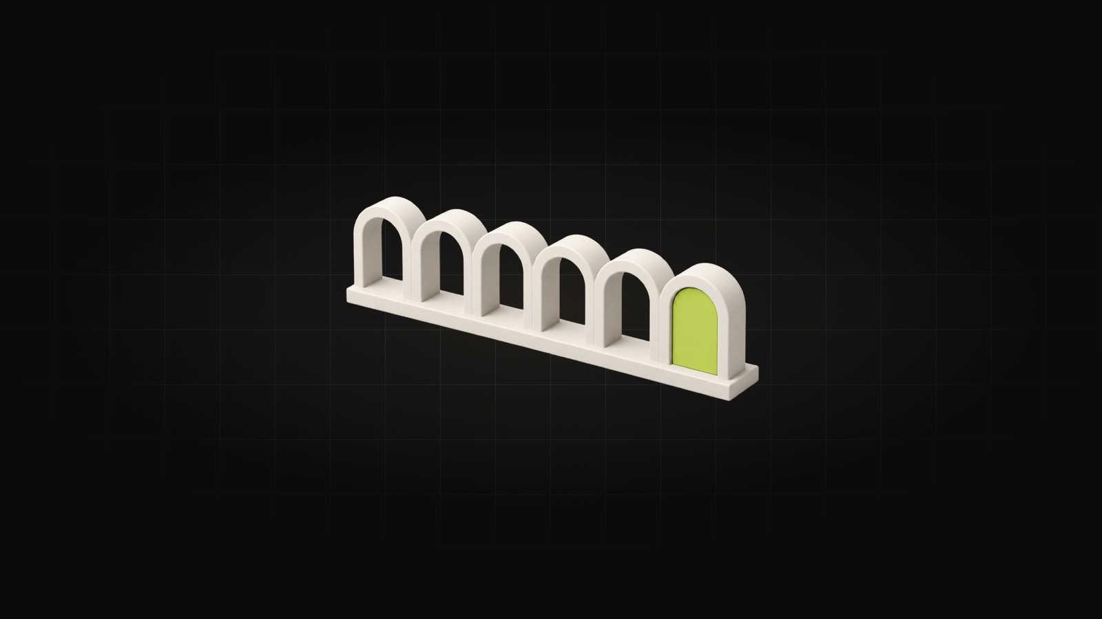 A row of open arches, the last one closed by a lime gate: a person approves only the last step